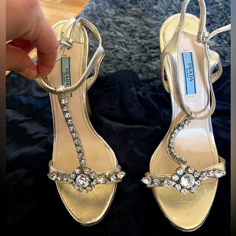 Prada Heels Bling crystals Open Toes Metallic Gold 7.5 /38